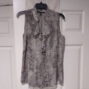 White House Black Market Gray Snake print Blouse Ruffled Front With Collar Size8